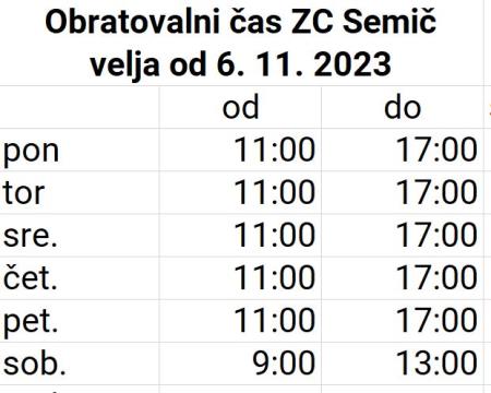 ZC Semič - obratovalni čas 6.11.2023